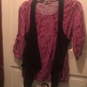 Pink and black striped top with black vest